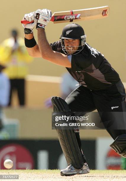 St John's, ANTIGUA AND BARBUDA: Captain Stephen Fleming of New Zealand plays a cut shot during the World Cup Cricket Super Eight match against...