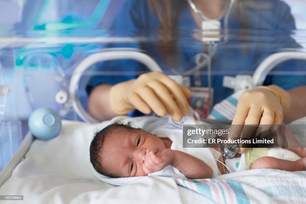 Female doctor examining newborn baby in incubator