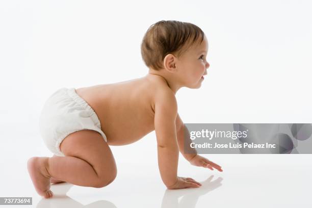 studio shot of baby crawling - crawl stock pictures, royalty-free photos & images