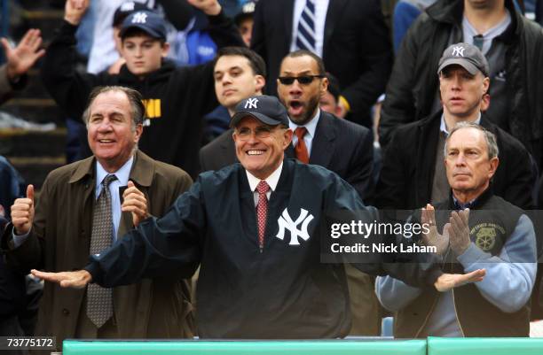 Former New York City Major Rudolph Giuliani and current mayor Michael Bloomberg watch the New York Yankees play the Tampa Bay Devil Rays during their...