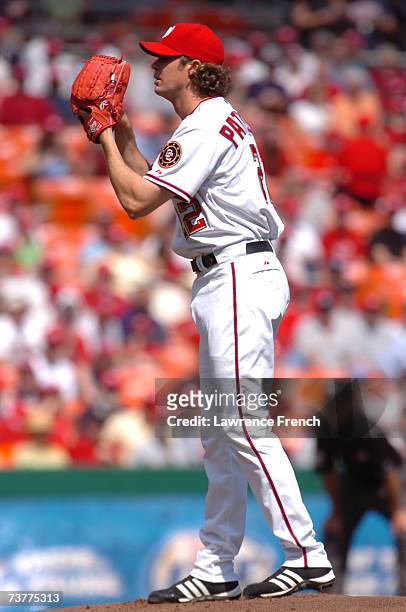 John Patterson of the Washington Nationals pitches against the Florida Marlins during their Opening Day game on April 2, 2007 at RFK Stadium in...