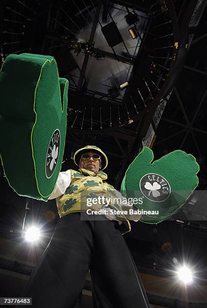 The Boston Celtics mascot, Lucky poses during a break in the game between the Celtics and the Charlotte Bobcats at the TD Banknorth Garden on March...