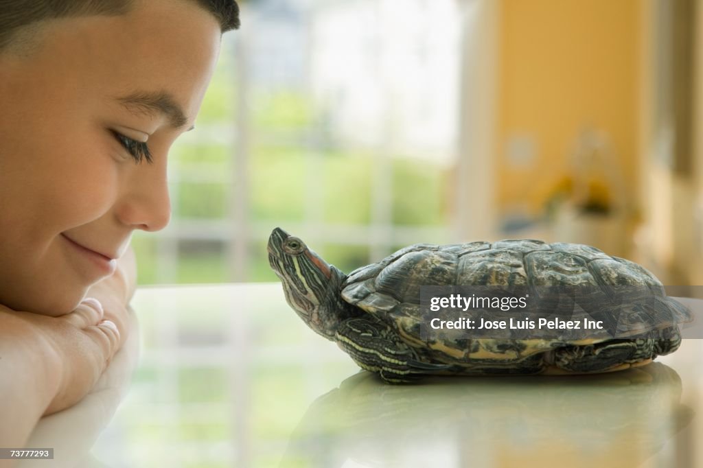 Close up of Hispanic boy smiling at turtle