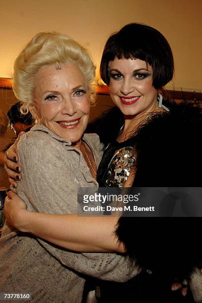 Actresses Honor Blackman and Kim Medcalf pose backstage following their first night in Cabaret as they replace Anna Maxwell Martin and Sheila Hancock...