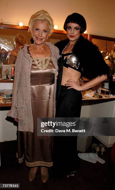 Actresses Honor Blackman and Kim Medcalf pose backstage following their first night in Cabaret as they replace Anna Maxwell Martin and Sheila Hancock...