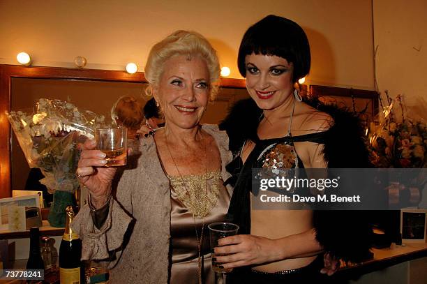 Actresses Honor Blackman and Kim Medcalf pose backstage following their first night in Cabaret as they replace Anna Maxwell Martin and Sheila Hancock...