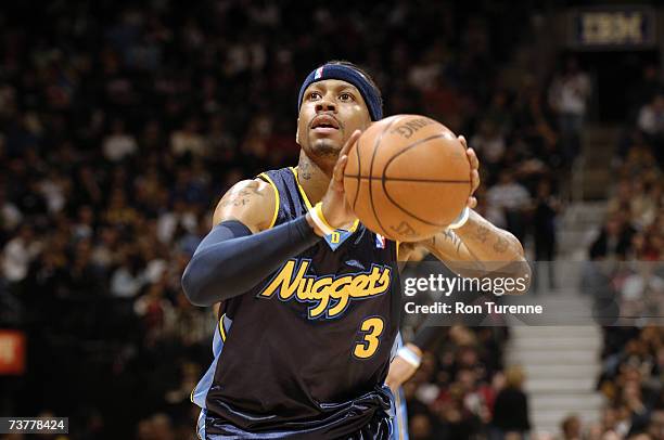 Allen Iverson of the Denver Nuggets shoots a free throw during the game against the Toronto Raptors at Air Canada Centre on March 23, 2007 in...