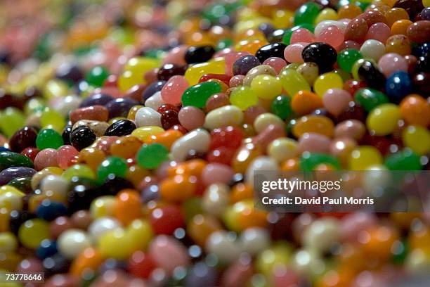 Jelly beans sit in a bin waiting to be packaged on the assembly line at the Jelly Belly Factory April 2, 2007 in Fairfield, California. The Jelly...