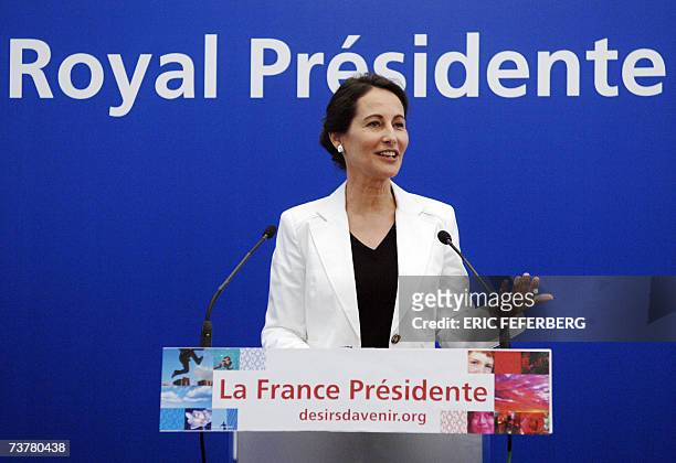 French Socialist Party presidential candidate Segolene Royal gestures as she presents her electoral program during a press conference at the party's...