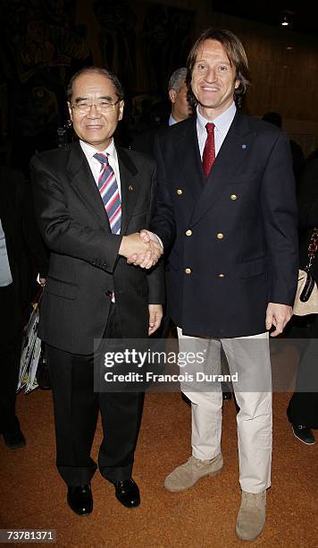 Director General of UNESCO Koichiro Matsuura greets UNESCO Goodwill Ambassador Kitin Munoz at the UNESCO Goodwill Ambassadors annual meeting at the...