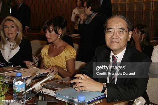 Director General of UNESCO Koichiro Matsuura the First Lady of Azerbaijan Mehriban Aliyeva and Marianna V. Vardinoyannis attend the UNESCO Goodwill...