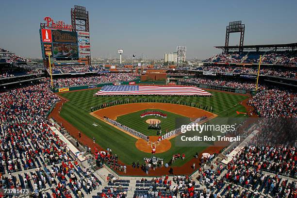 General view of the interior of Citizens Bank Park during the National Anthem before the game between the Atlanta Braves and the Philadelphia...