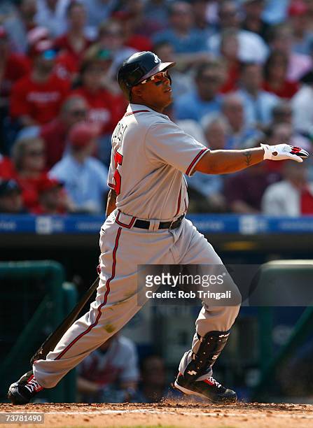 Outfielder Andruw Jones of the Atlanta Braves bats against the Philadelphia Phillies during a Opening Day game on April 2, 2007 at Citizens Bank Park...