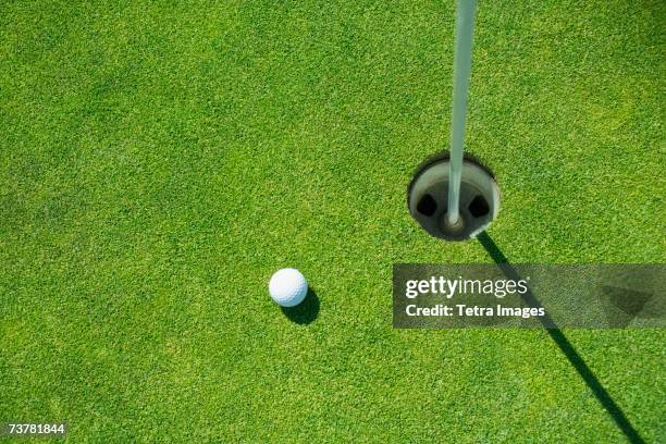 golf ball near cup on putting green outdoors - green de golfe imagens e fotografias de stock