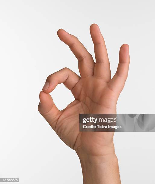 studio shot of hand giving the okay sign - ok foto e immagini stock