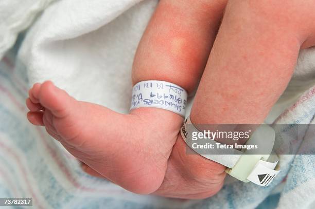 newborn baby's feet with hospital tags - namensband stock-fotos und bilder