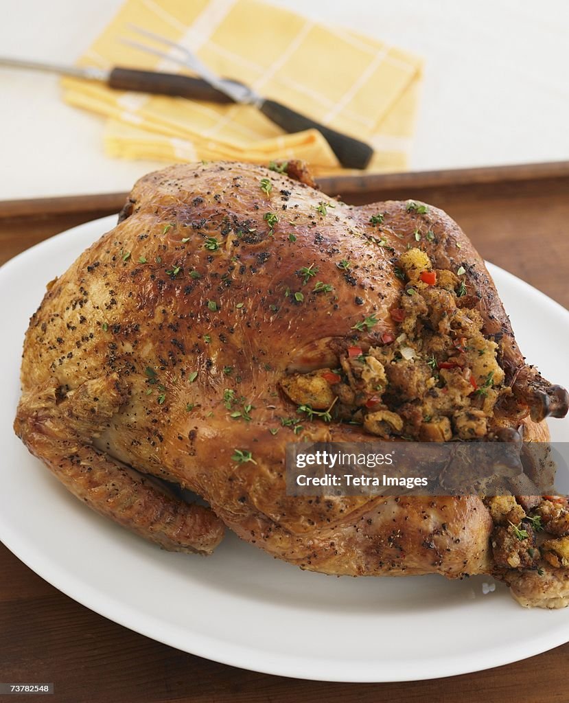 Close up of Thanksgiving turkey on table