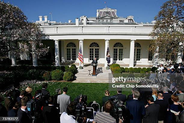President George W. Bush holds a news conference about the war appropriations bill in the Rose Garden of the White House March 3, 2007 in Washington,...