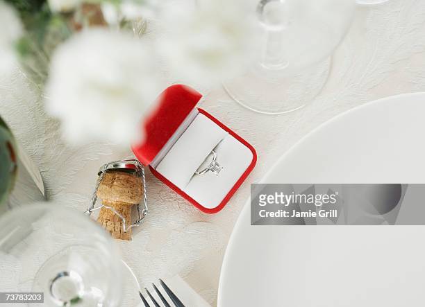 still life of table setting and engagement ring - engagement ring box - fotografias e filmes do acervo