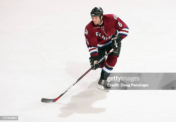 Jeff Finger of the Colorado Avalanche skates during the game against the San Jose Sharks at the Pepsi Center on March 18, 2007 in Denver, Colorado.