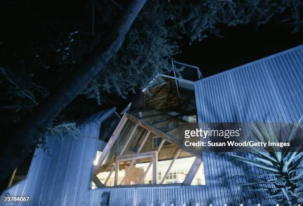 Exterior at night of Canadian-born American architect Frank Gehry's house, which he designed, Santa Monica, California, January 1980.
