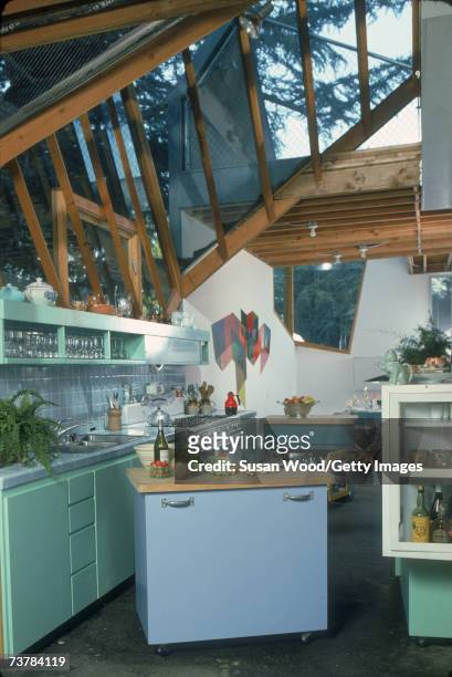 Interior of Canadian-American modern architect Frank Gehry's house showing the kitchen, Santa Monica, California, January 1980.