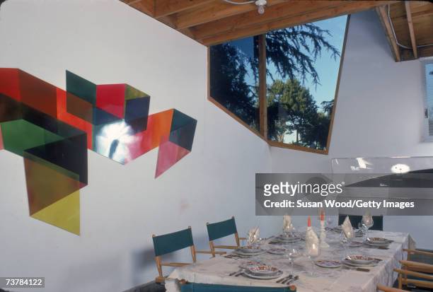 Interior of American modern architect Frank Gehry's house showing the dining area just off the kitchen, Santa Monica, California, January 1980.