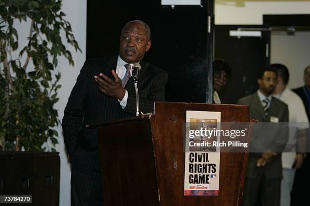 Charles Ogletree, Harvard Law School professor and moderator speaks during the Baseball and the Civil Rights Movement Roundtable Discussion at the...