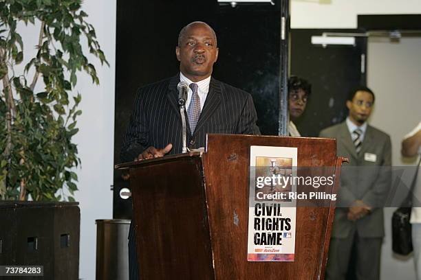 Charles Ogletree, Harvard Law School professor and moderator speaks during the Baseball and the Civil Rights Movement Roundtable Discussion at the...