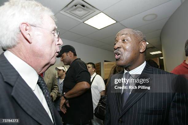 Charles Ogletree, Harvard Law School professor and moderator speaks with Peter Gammons after the Baseball and the Civil Rights Movement Roundtable...