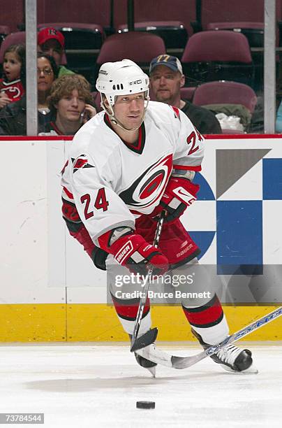 Scott Walker of the Carolina Hurricanes skates for the puck during the game against the New Jersey Devils on March 17, 2007 at the Continental...