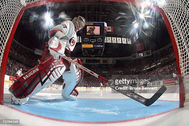Goaltender John Grahame of the Carolina Hurricanes skates infront of the goal during the game against the New Jersey Devils on March 17, 2007 at the...