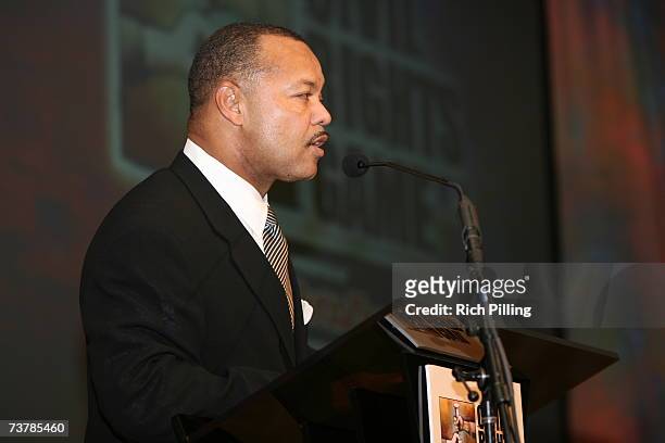 Jimmie Lee Solomon, Executive Vice President of Major League Baseball speaks during the MLB Beacon Awards Luncheon at the Peabody Hotel in Memphis,...