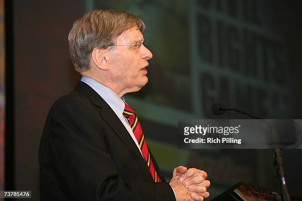 Bud Selig, Commissioner of Major League Baseball speaks during the MLB Beacon Awards Luncheon at the Peabody Hotel in Memphis, Tennessee on March 31,...