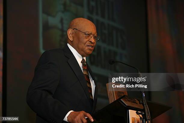 Don Motely speaks while accepting the MLB Beacon Award of Life for Buck O'Neil during the MLB Beacon Awards Luncheon at the Peabody Hotel in Memphis,...