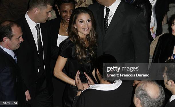 Queen Rania al-Abdullah of Jordan leaves the UNESCO Goodwill Ambassadors Annual Gathering Meeting at the UNESCO headquarters after a traditional...