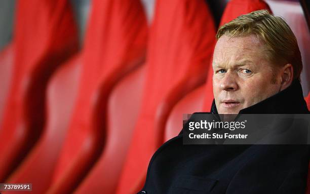Ronald Koeman, the manager of PSV looks on during the UEFA Champions League quarter final, first leg match between PSV Eindhoven and Liverpool at the...