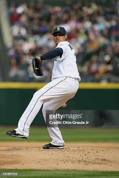 Felix Hernandez of the Seattle Mariners pitches during the opening day game against the Oakland Athletics at Safeco Field on April 2, 2007 in...