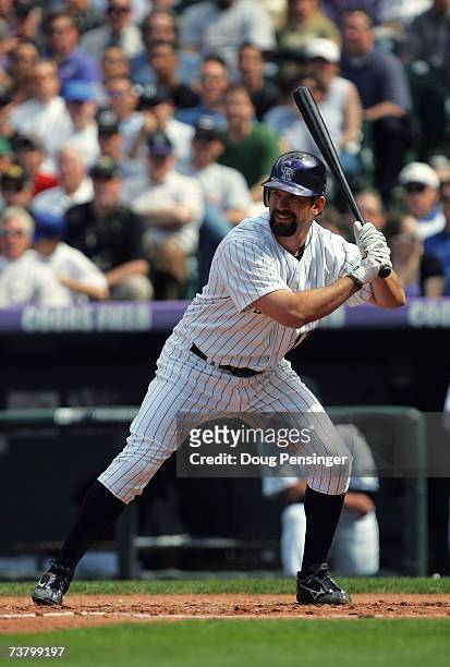 Todd Helton of the Colorado Rockies bats during the game with the Arizona Diamondbacks on Opening Day of Major League Baseball at Coors Field on...