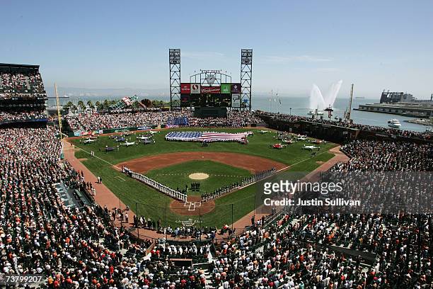 General view of the starting lineups of the San Francisco Giants and the San Diego Padres on the Opening Day of Major League Baseball on April 3,...