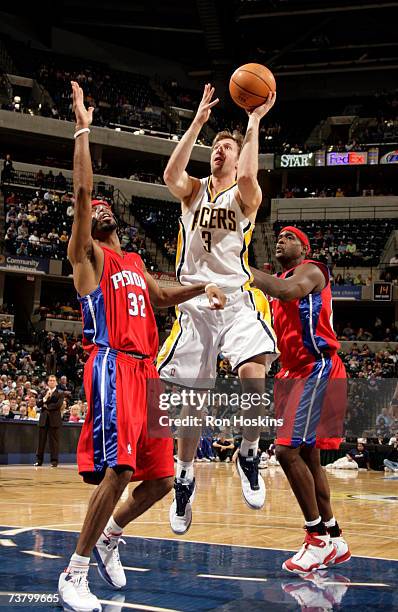 Troy Murphy of the Indiana Pacers shoots over Richard Hamilton and Chris Webber of the Detroit Pistons at Conseco Fieldhouse on April 3, 2007 in...