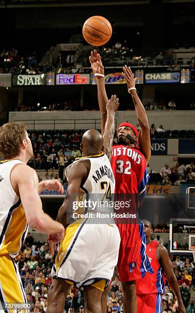 Richard Hamilton of the Detroit Pistons shoots over Darrell Armstrong of the Indiana Pacers at Conseco Fieldhouse April 3, 2007 in Indianapolis,...