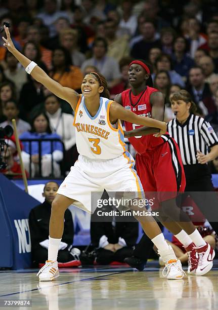 Candace Parker of the Tennessee Lady Volunteers calls for the ball in the post against Essence Carson of the Rutgers Scarlet Knights during the 2007...