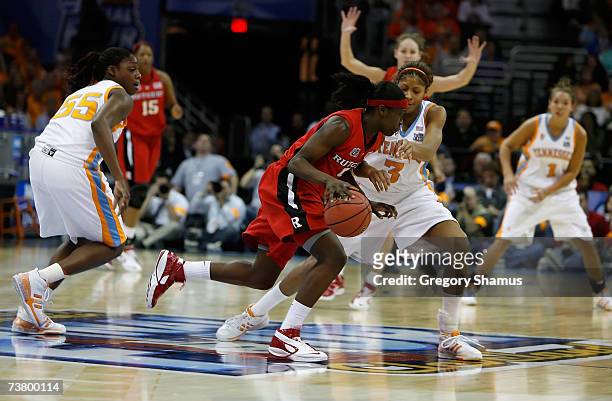 Candace Parker of the Tennessee Lady Volunteers defends against Essence Carson of the Rutgers Scarlet Knights during the 2007 NCAA Women's Basketball...