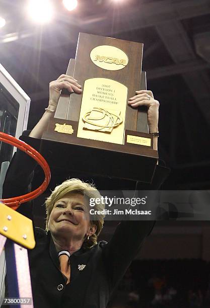Head coach Pat Summitt of the Tennessee Lady Volunteers celebrates with the trophy after after Tennessee's 59-46 win against the Rutgers Scarlet...