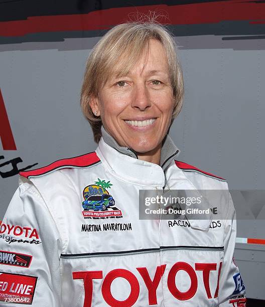 Tennis Superstar Martina Navratilova poses at the press day for the Toyota Pro/Celebrity Race, part of the 33rd Annual Toyota Grand Prix of Long...