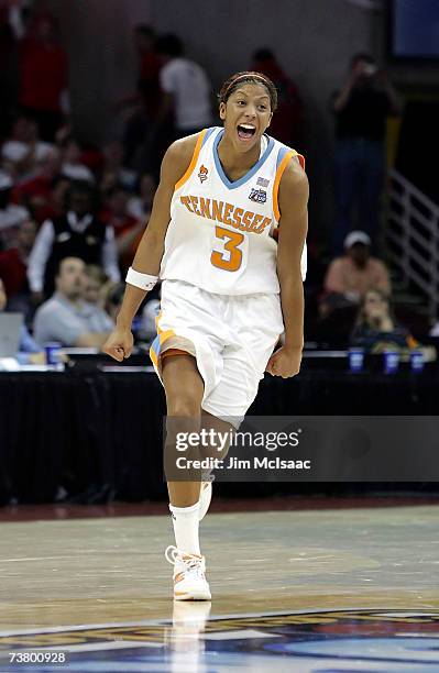 Candace Parker of the Tennessee Lady Volunteers celebrate Tennessee's 59-46 win against the Rutgers Scarlet Knights to win the 2007 NCAA Women's...