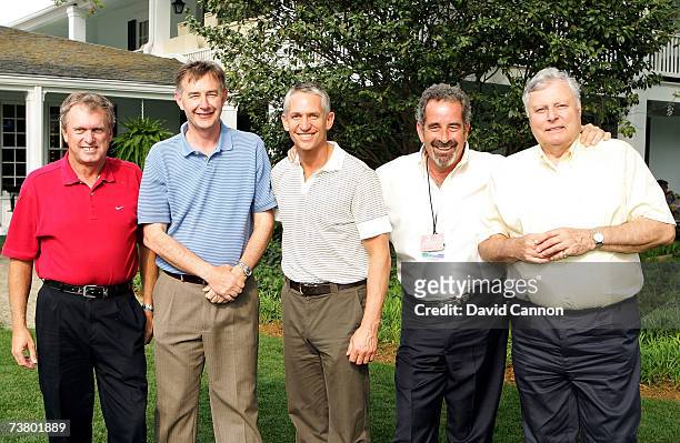 The BBC commentary team Wayne Grady, Ken Brown, Gary Lineker, Sam Torrance and Pete Alliss pose for a picture near the clubhouse on the second...