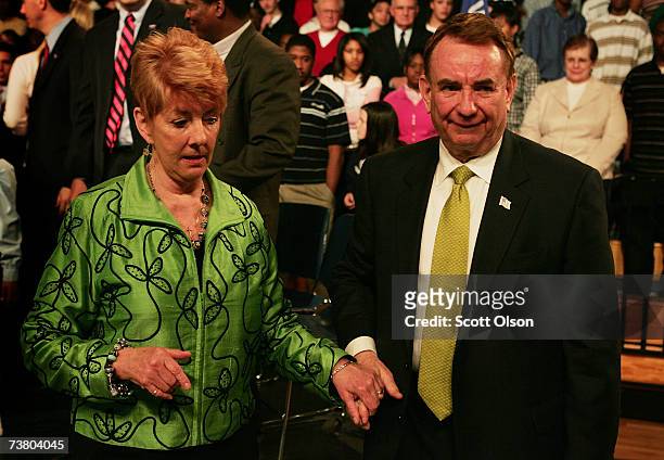 Former Wisconsin Governor Tommy G. Thompson and with his wife Sue Ann greet supporters during a rally at Messmer High School where he announced he...