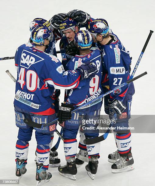Mannheim celebrates its 1:0 goal by Pascal Trepanier during the DEL Bundesliga play off semi final game between Adler Mannheim and Cologne Haie at...